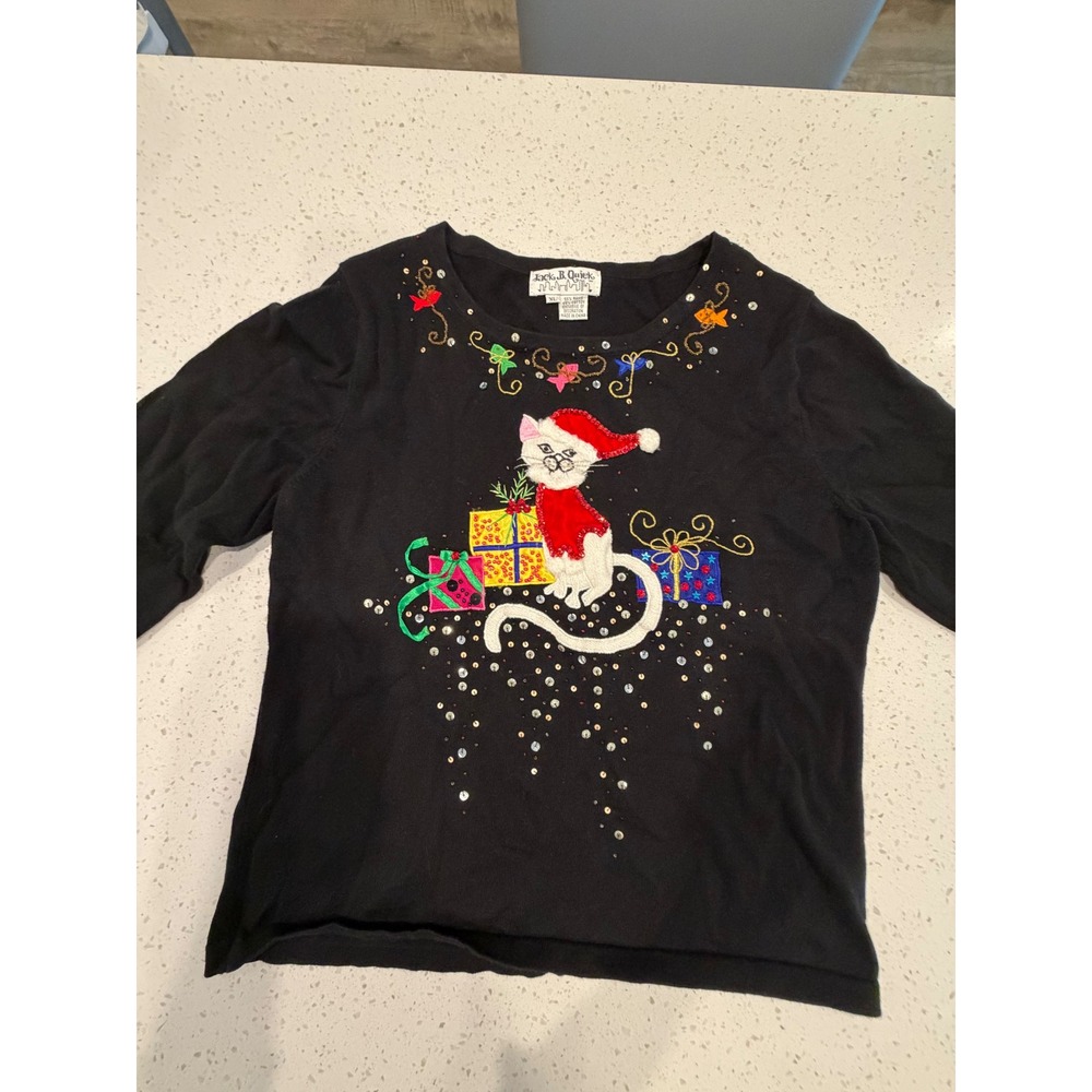 Vintage Jack B. Quick Christmas Cat Sweater Black Sequin Embroidered XL